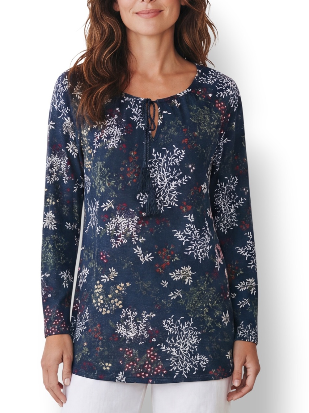 4/$20 Faded Glory Floral Peasant Tunic Top Blue Long Sleeve Tassel Tie Size S